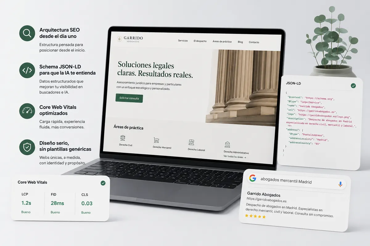 Mockup de una web para despacho de abogados con schema JSON-LD y métricas de Core Web Vitals en verde